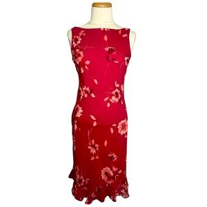 Vintage Johnnie M. sleeveless red floral chiffon dress. Size 12, fits like 8-10.